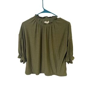 Madewell Size Small Olive Green Swiss Dot Ruffle Neck 3/4 Sleeve Top Blouse